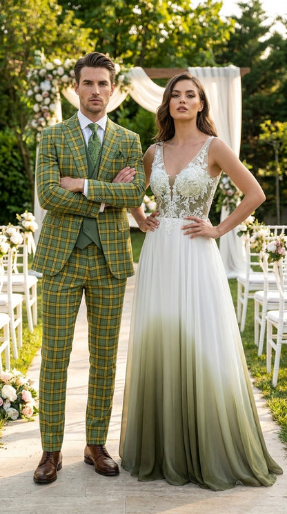 Statement - Men’s Blue and Gold Windowpane Plaid 3 Piece Wool Suit with Double Breasted Vest Modern Fit