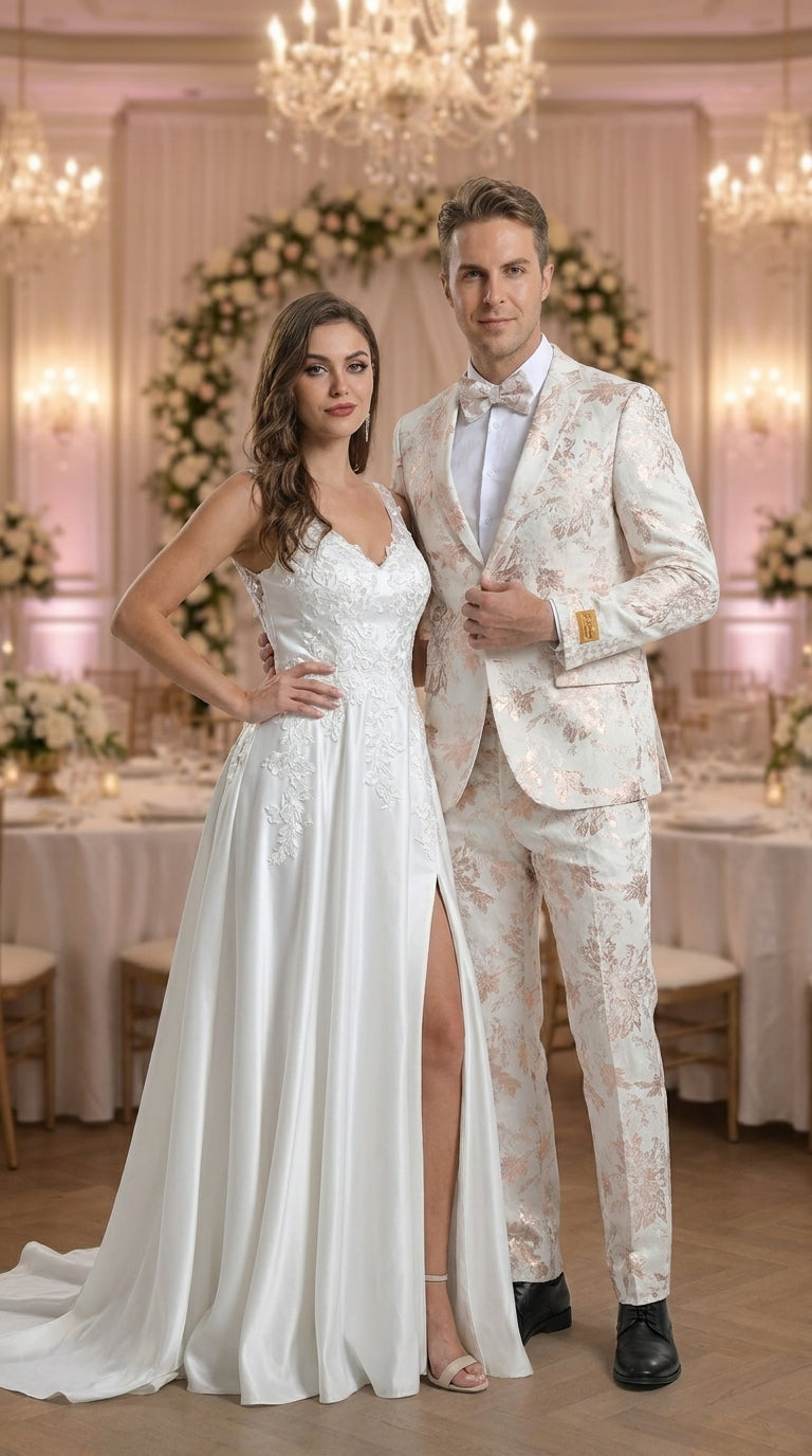 Men’s Gold and White Prom Suit with Floral Pattern Jacket, Matching Pants and Bow Tie Modern Fit