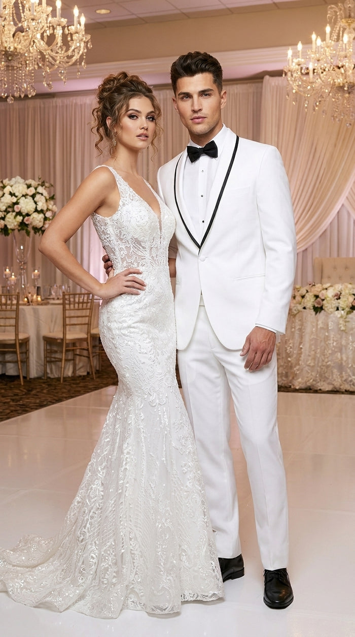 Men’s Waverly White 1 Button Shawl Tuxedo Jacket with Black Trim, Ike Evening Formal Blazer