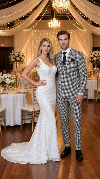 Men’s Black & White Houndstooth Double Breasted Wool Suit – 2 Piece Peak Lapel Suit Modern Fit