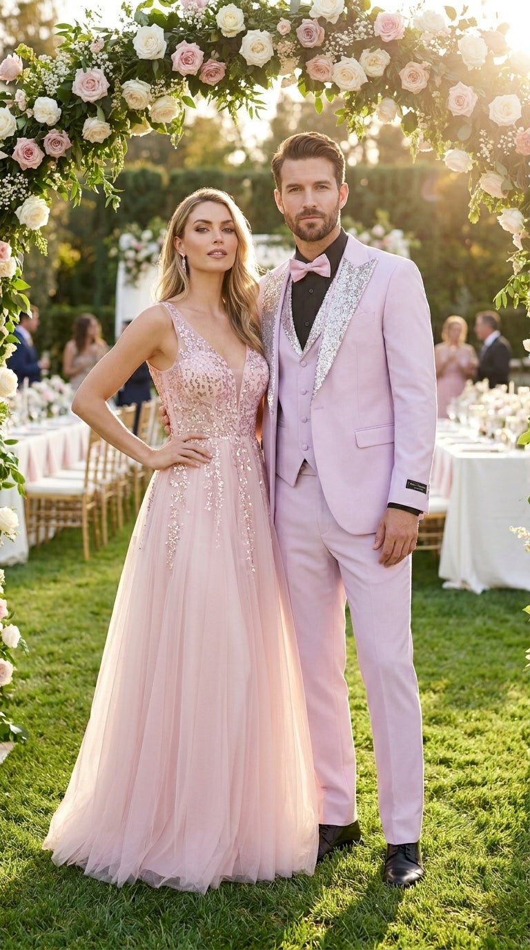 Gray and Pink Prom Tuxedo - Perfect Wedding Suit Vested rhinestone sequin Lapelled