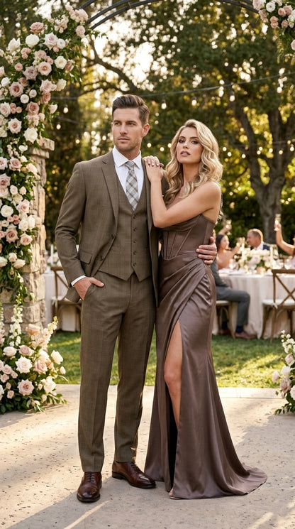Men’s Taupe Tan Coffee Windowpane Plaid 3 Piece Suit, Two Button Vested Wedding Business Suit Set