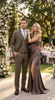 Men’s Taupe Tan Coffee Windowpane Plaid 3 Piece Suit, Two Button Vested Wedding Business Suit Set
