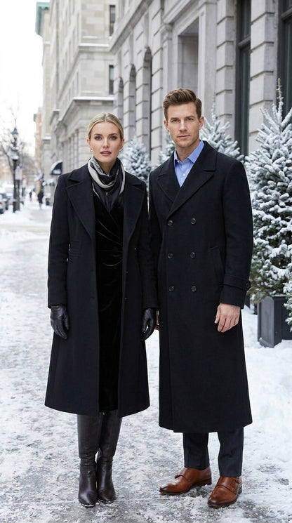 Men’s Black Diamond Solid Black Wool Double Breasted Gabardine Trench Coat