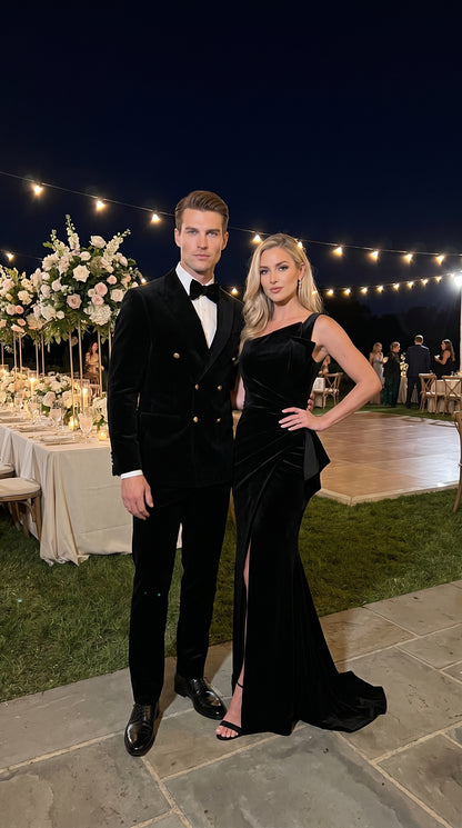 Men’s Rossi Man Zeus Black Velvet Double Breasted Tuxedo Suit, Formal Wedding Prom Dinner Suit Set
