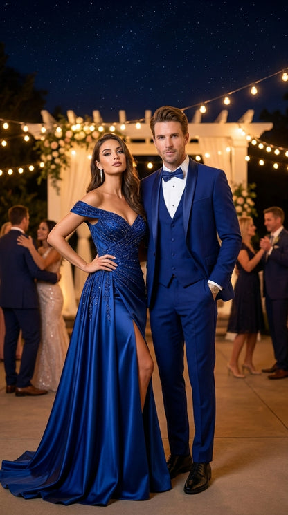 Men’s Bright Sapphire Blue 1 Button Shawl Lapel Vested Tuxedo, Formal Wedding Prom Dinner Suit Set
