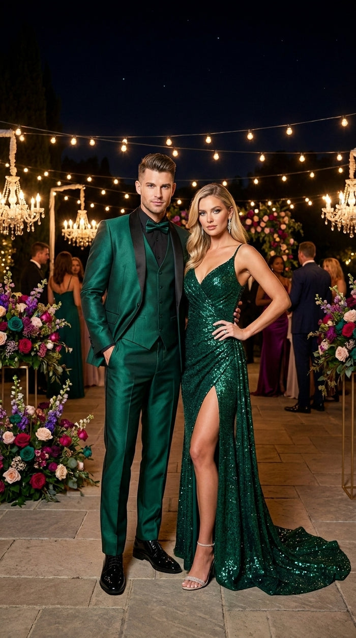 Men’s Emerald Green 3 Piece Tuxedo with Black Satin Shawl Lapel and Matching Vest