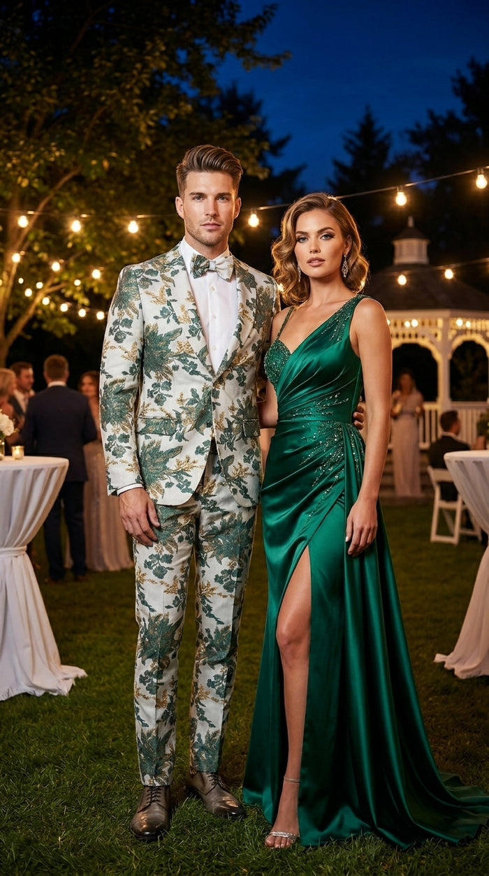 Men’s Green and Gold Floral Paisley Tuxedo Suit with Matching Bow Tie, Fancy Prom Wedding Formal Suit Set
