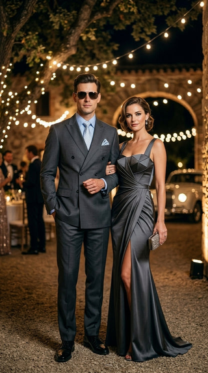 Men’s Charcoal Grey Double Breasted Wool Suit, Designer Formal Wedding Business Dress Suit Set Modern Fit