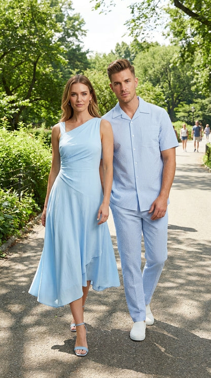 Men’s Blue Seersucker 2 Piece Walking Set, Short Sleeve Shirt and Pants Summer Outfit
