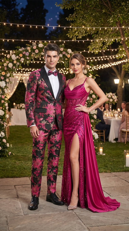 Men’s Fuchsia Pink and Black Floral Paisley Prom Tuxedo Suit, Shawl Lapel Wedding Party Formal Wear