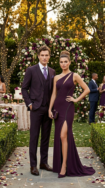 Men’s Very Dark Purple Plum Eggplant 3 Piece Suit, Classic Vested 2 Button Wedding Business Suit Set