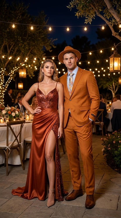 Men’s Light Rust Copper 2 Button Modern Fit Suit, Fall Color Church Dress Suit