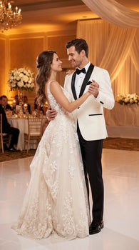 Men’s Ivory Wedding Suit with Black Satin Lapels – Groom Formal Suit Jacket and Pants