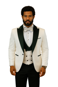 Hilton White and Black Paisley Peak Lapel Tuxedo Jacket with Matching Shawl Vest and Wool Pants – Includes Bow Tie