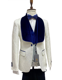 Mens Vested Designer Wide Royal Blue Velvet Shawl Tuxedo in Ivory Paisley Designer Prom Tuxedos