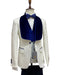 Mens Vested Designer Wide Royal Blue Velvet Shawl Tuxedo in Ivory Paisley Designer Prom Tuxedos