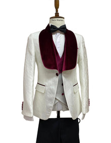 Ivory Paisley Velvet Shawl Tuxedo with Burgundy Lapel - Designer Tuxedos