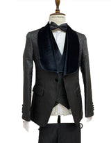 Mens Vested Designer Wide Velvet Shawl Tuxedos in Black Paisley Tuxedo