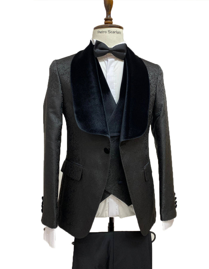 Mens Vested Designer Wide Velvet Shawl Tuxedos in Black Paisley Tuxedo