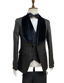 Wide Velvet Shawl Black Paisley Tuxedo with Vest