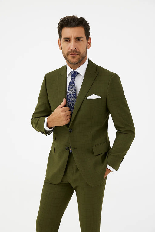 Catania Collection - Modern Fit Windowpane Suit 2 Piece in Olive