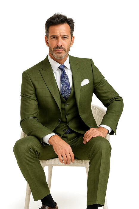 Windowpane Suit 2 Piece in Olive