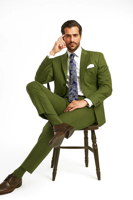Windowpane Suit 2 Piece in Olive