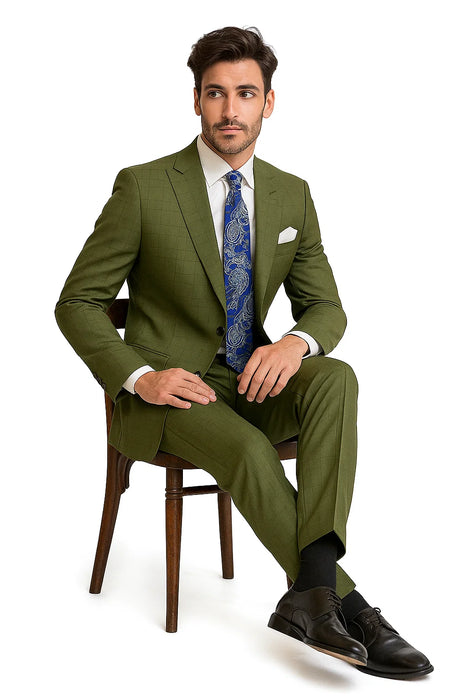 Windowpane Suit 2 Piece in Olive
