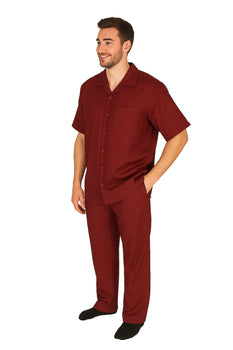 Men's 2 Piece Short Sleeve Casual Two Piece Mens Walking Outfit For Sale Pant Sets Set With Pleated Pants 100% Linen Shirt Wine - Image 2