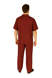 Men's 2 Piece Short Sleeve Casual Two Piece Mens Walking Outfit For Sale Pant Sets Set With Pleated Pants 100% Linen Shirt Wine