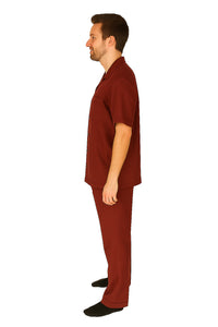 Men's 2 Piece Short Sleeve Casual Two Piece Mens Walking Outfit For Sale Pant Sets Set With Pleated Pants 100% Linen Shirt Wine