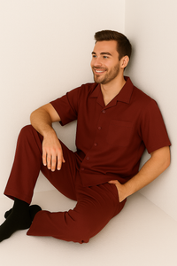 Men's 2 Piece Short Sleeve Casual Two Piece Mens Walking Outfit For Sale Pant Sets Set With Pleated Pants 100% Linen Shirt Wine