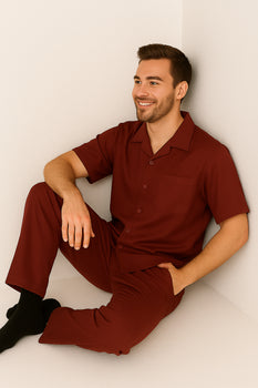 Men's 2 Piece Short Sleeve Casual Two Piece Mens Walking Outfit For Sale Pant Sets Set With Pleated Pants 100% Linen Shirt Wine - Image 5