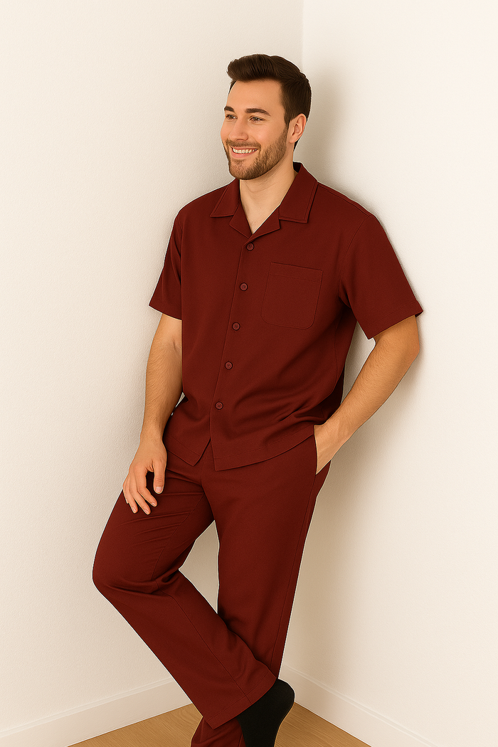 Men's 2 Piece Short Sleeve Casual Two Piece Mens Walking Outfit For Sale Pant Sets Set With Pleated Pants 100% Linen Shirt Wine - Image 6