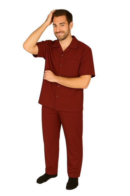Men's 2 Piece Short Sleeve Casual Two Piece Mens Walking Outfit For Sale Pant Sets Set With Pleated Pants 100% Linen Shirt Wine - Image 7