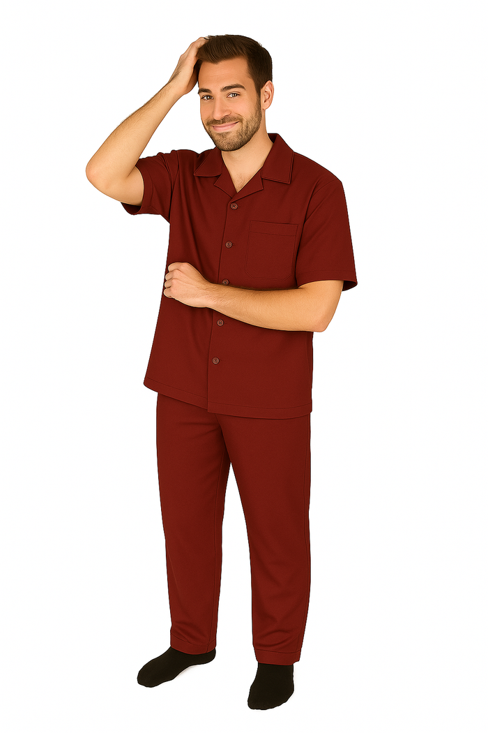 Men's 2 Piece Short Sleeve Casual Two Piece Mens Walking Outfit For Sale Pant Sets Set With Pleated Pants 100% Linen Shirt Wine - Image 7