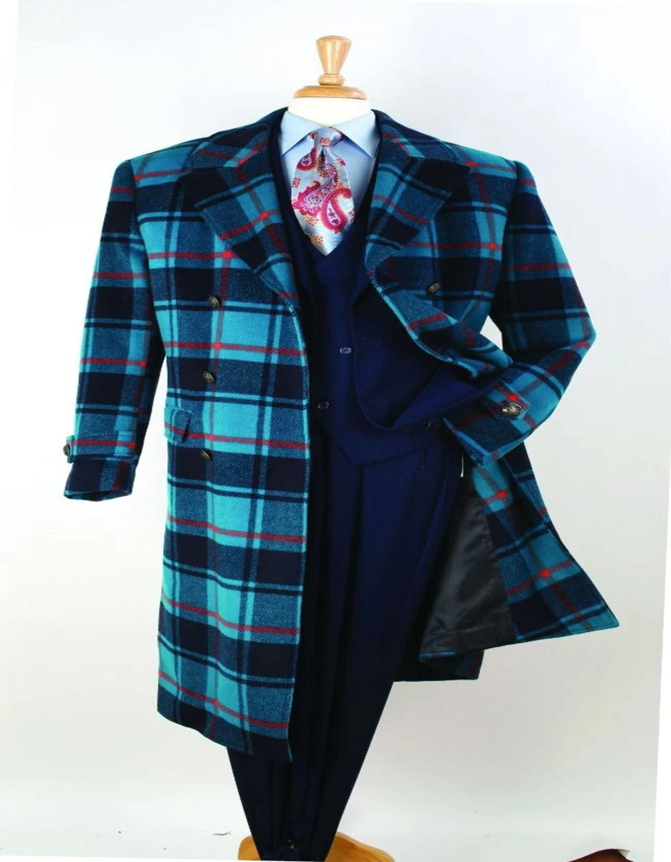 Men's Blue Plaid Wool Overcoat – Double-Breasted Long Winter Coat with Wide Lapel - Full Length - Image 2