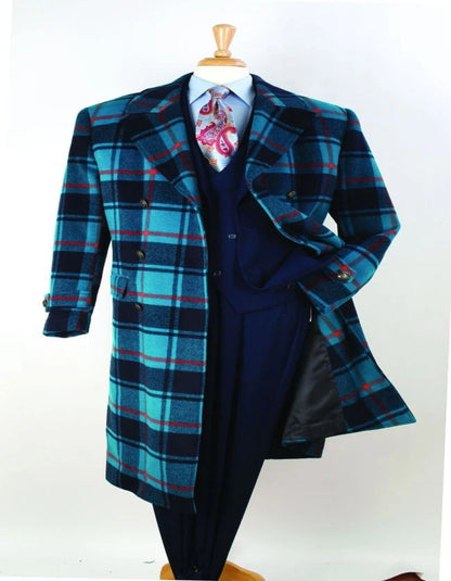 Men's Blue Plaid Wool Overcoat – Double-Breasted Long Winter Coat with Wide Lapel - Full Length - Image 2