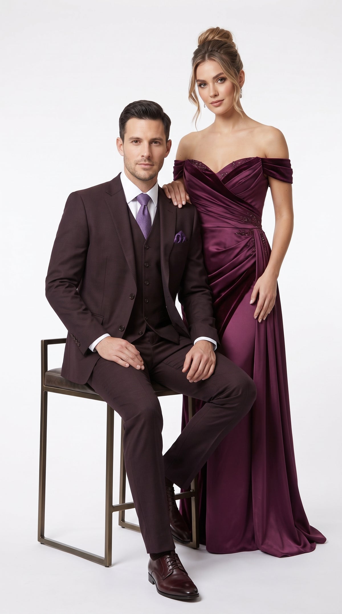 Statement Men’s Plum Eggplant 2 Button Modern Fit Suit, Italian Style Wool Formal Wedding Business Suit