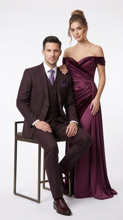 Statement Men’s Plum Eggplant 2 Button Modern Fit Suit, Italian Style Wool Formal Wedding Business Suit