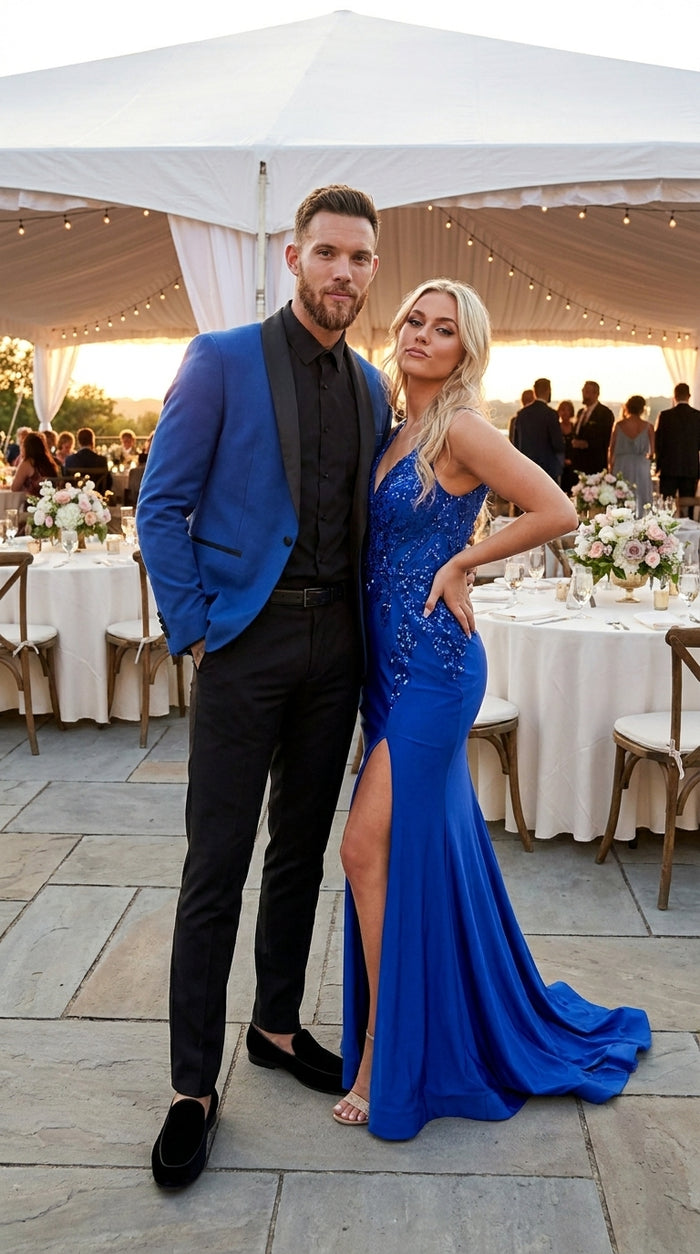 Men’s Blue 1 Button Blazer Jacket with Black Pants, Formal Party Wedding Dress Suit