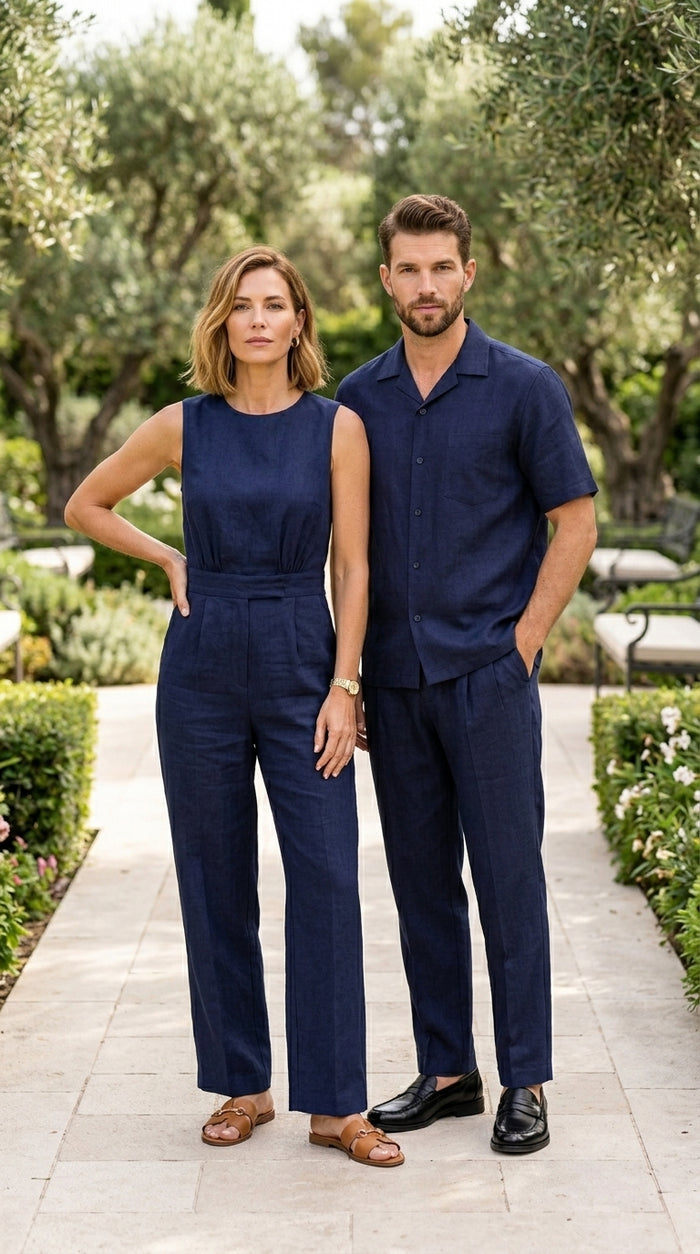 Men’s Dark Navy Linen Short Sleeve Walking Suit, Casual 2 Piece Shirt and Pleated Pants Set