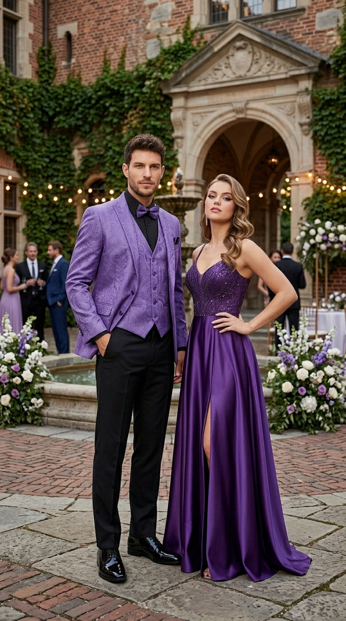 Men’s Purple Paisley Prom Tuxedo Suit, Wedding Floral Jacket with Matching Vest and Pants