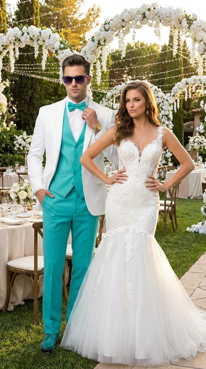 White and Turquoise Tuxedo Wedding Suit - White Dinner Jacket + Vest + Pants + Bow-tie