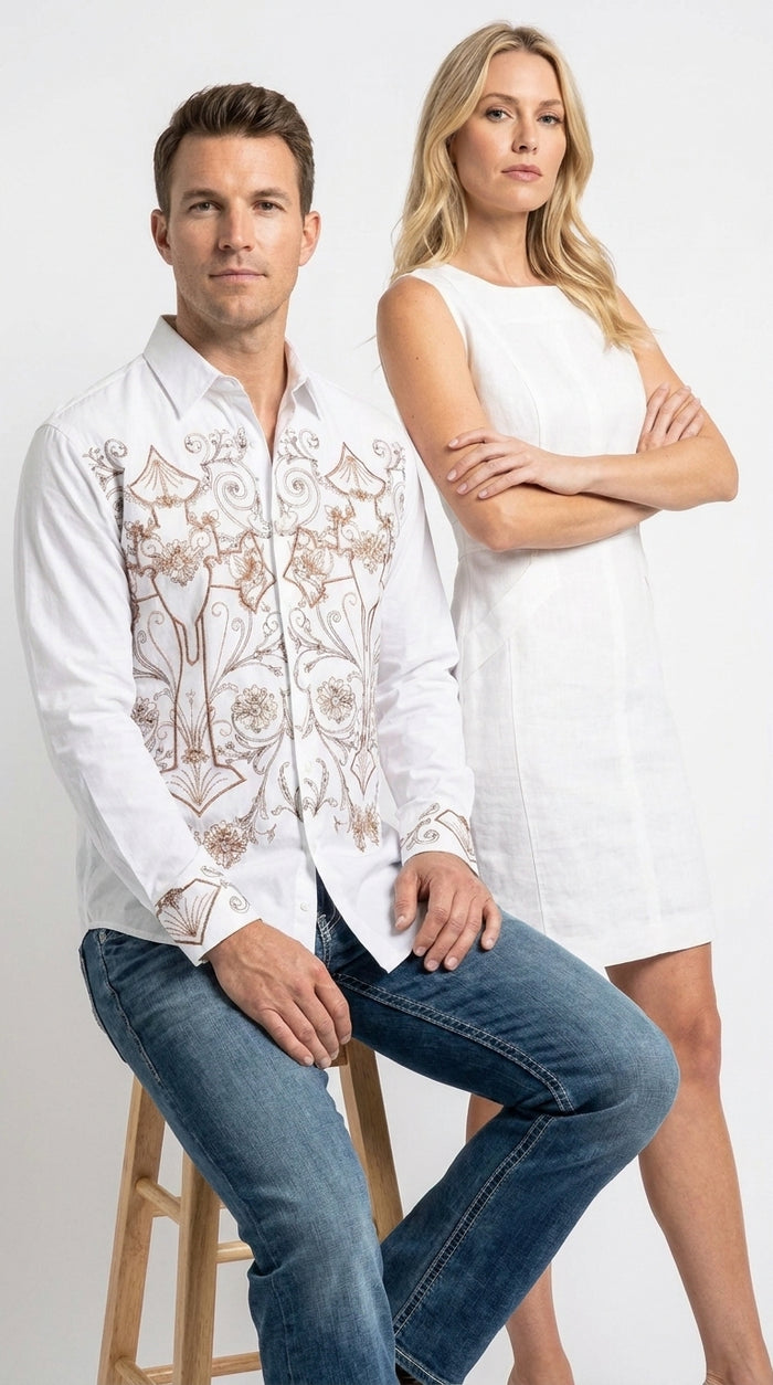 Men’s Multi Color Embroidered Cotton Dress Shirt, Stylish Casual Fashion Button Down Shirt