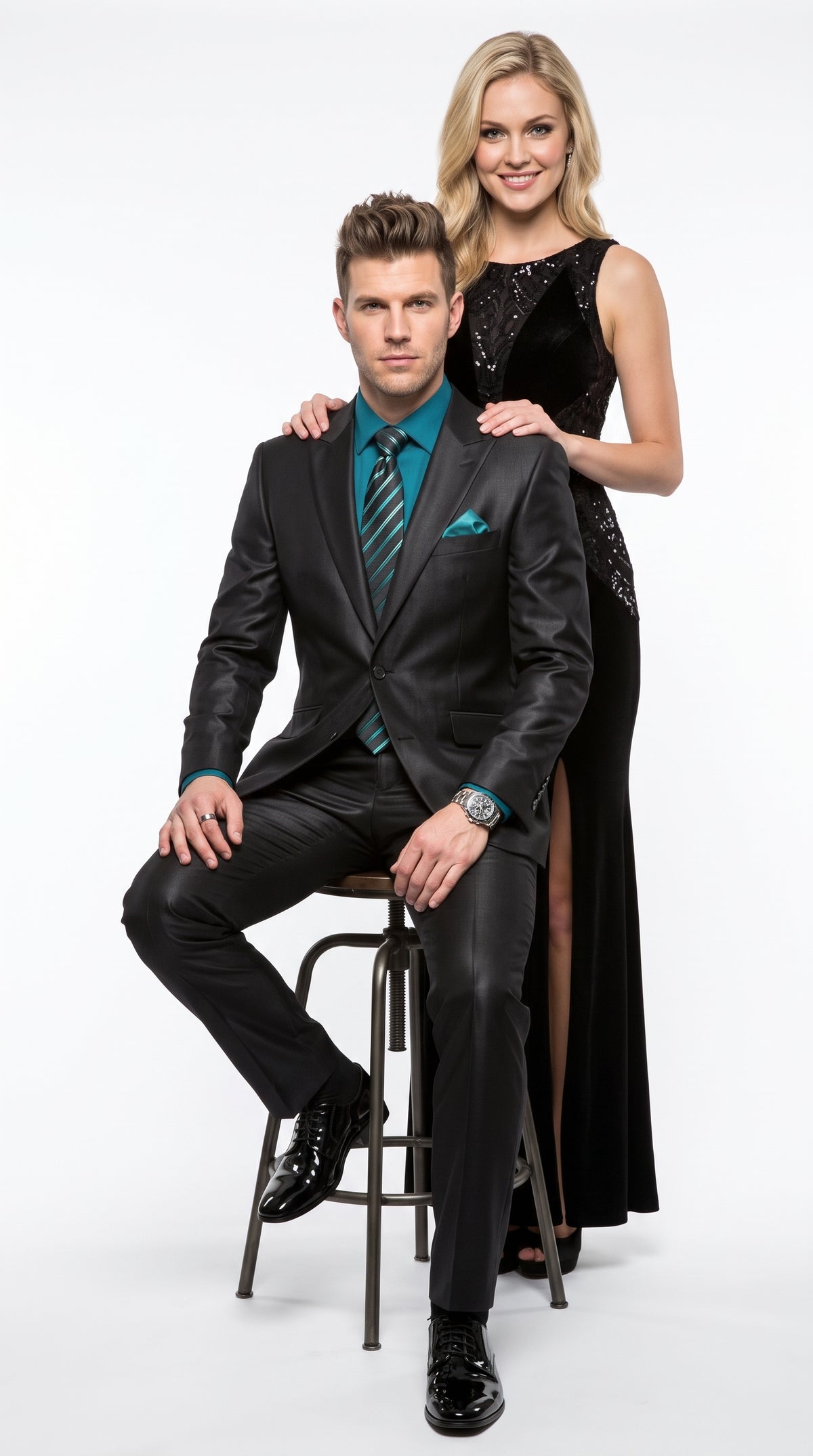 Men’s Black Sharkskin 1 Button Suit, Modern Fit Peak Lapel Wool Blend Formal Dress Suit