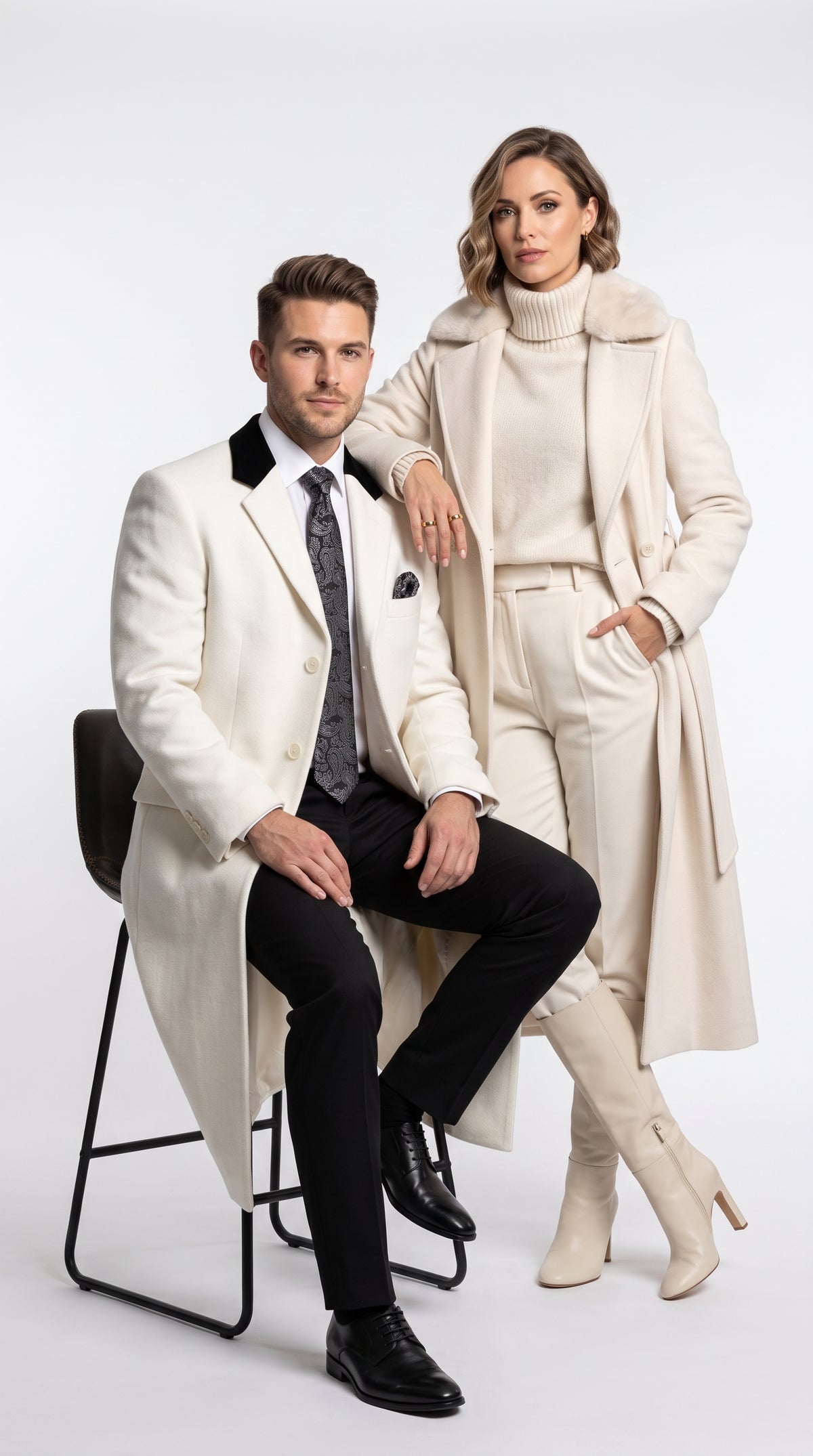 Men’s Winter White Chesterfield Overcoat, Wool and Cashmere Full Length Dress Coat