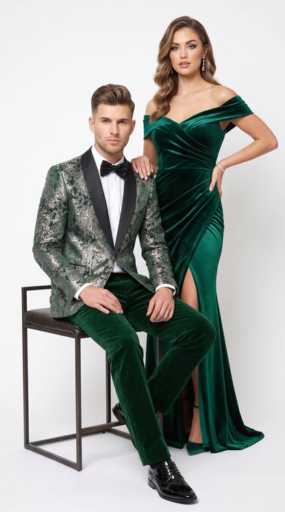 Men’s Emerald Green and Gold Floral Jacquard Tuxedo Suit, Black Satin Shawl Lapel Wedding Prom Formal Suit