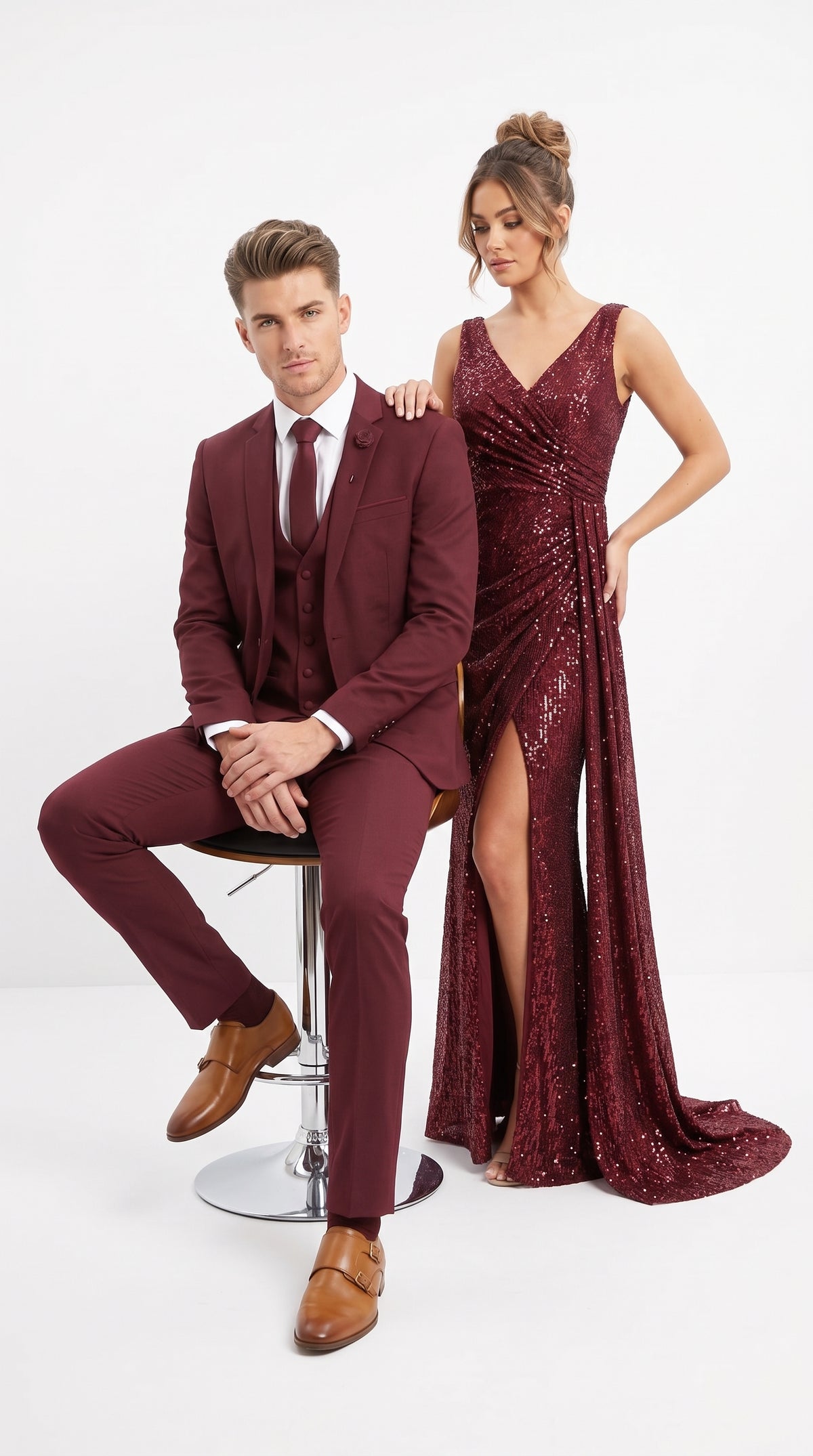 Mens 3-Piece Burgundy Slim Fit Suit with Vest – Wedding, Prom and Formal Wear